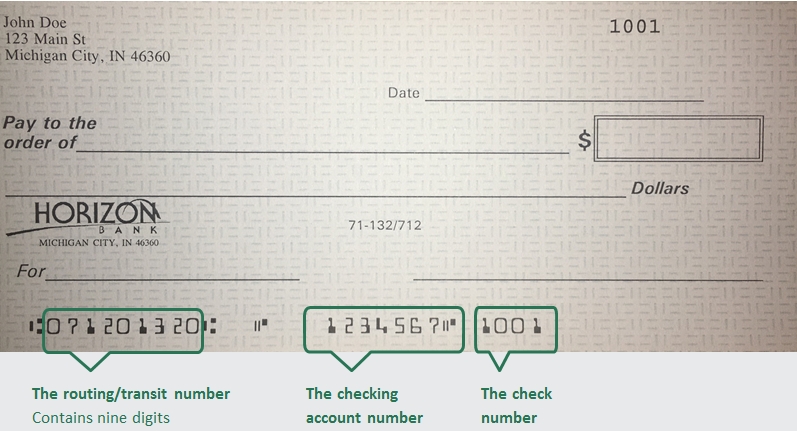 Example of Horizon Bank check for routing number