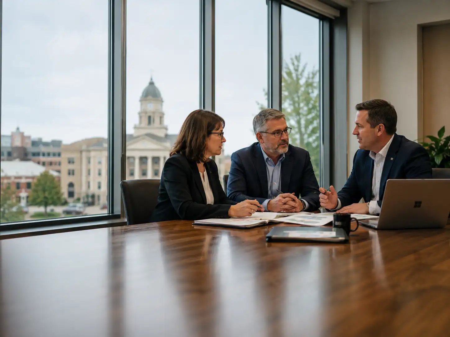 Three business professionals engaged in discussion at a conference table, with documents and laptops in front of them