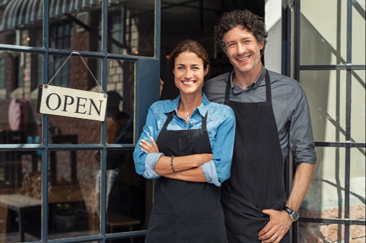 woman man outside business