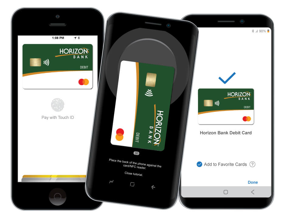 Preview of a Horizon Bank MasterCard saved on 3 different types of phone
