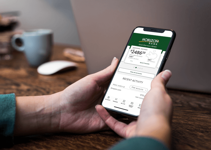 Customer using Horizon Bank mobile app to check account balance